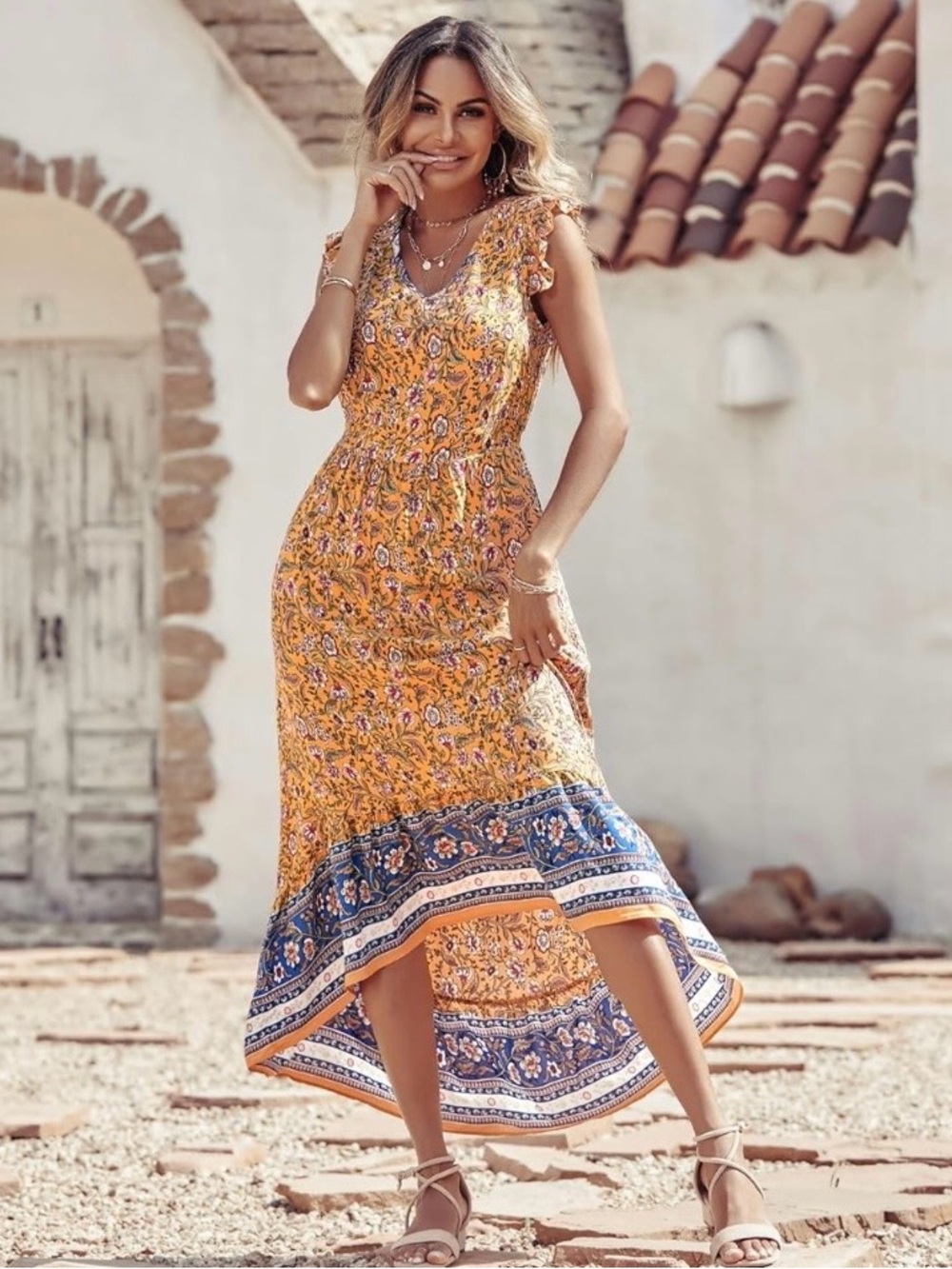 Boutique~ Yellow Floral High-Low Maxi Dress with Blue Border